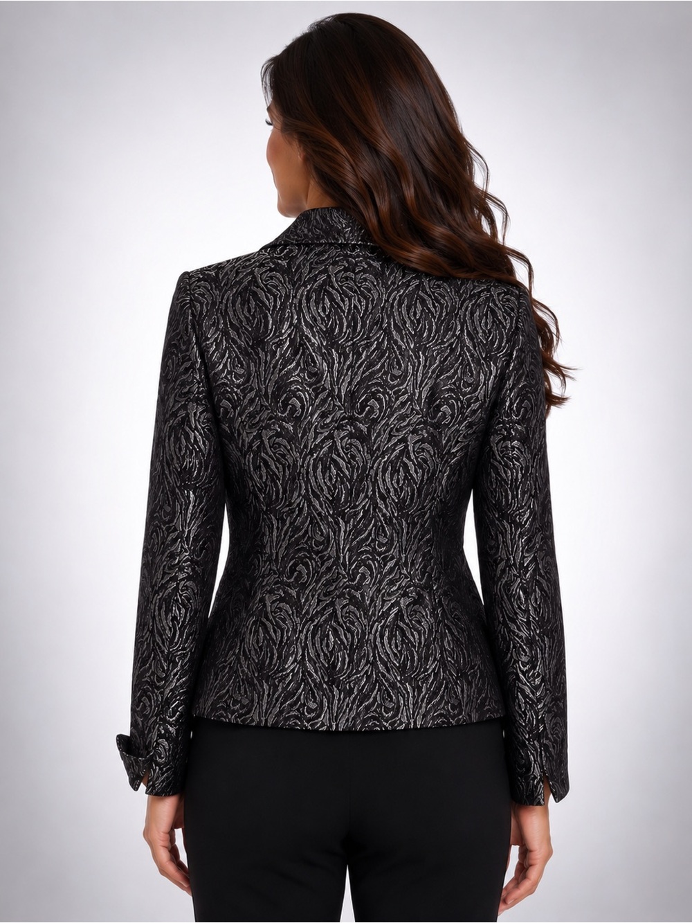 Le Suit Petite Metallic Jacquard Jacket Silver Black Size 10P - Picture 2 of 7